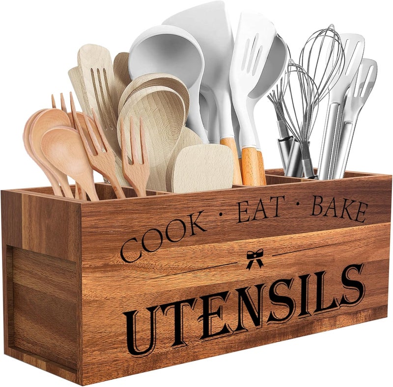 Suli Acacia Wood Utensil Holder for Kitchen Counter,Extra Large Utensils Holder with 4 Compartments,Caddy Organizer for Countertop, Farmhouse Kitchen Decor, Rustic Cooking Utensil - Image 1